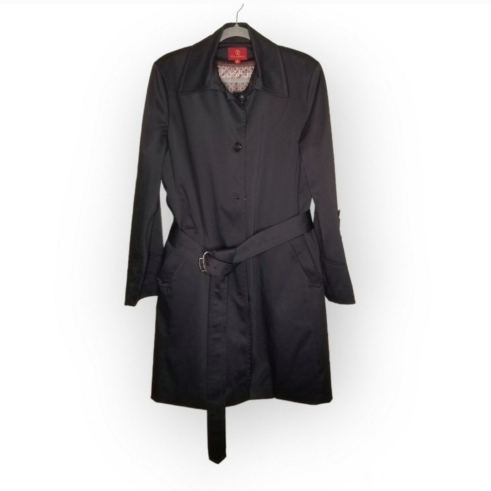 Cole Haan satin day coat black belt removable lining women's 14 jacket